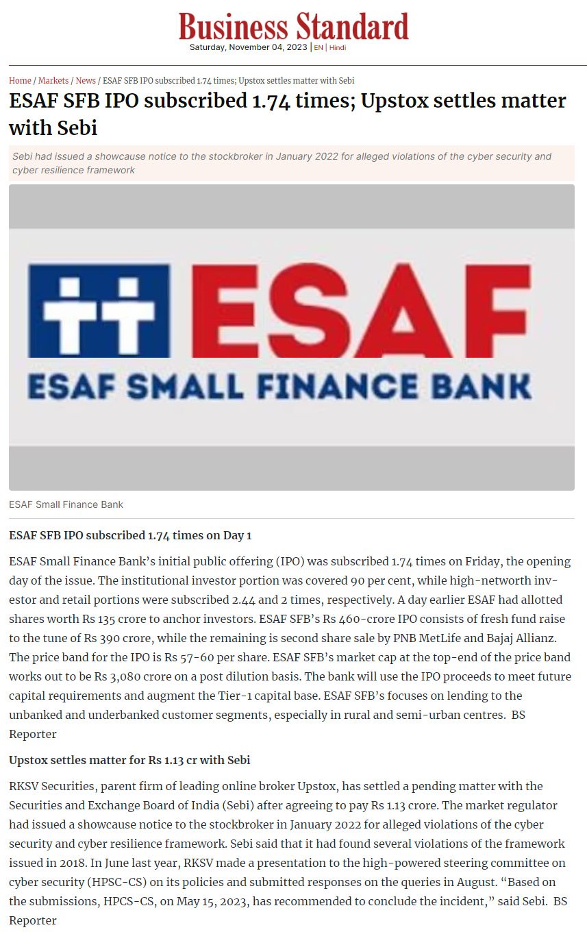 ESAF SFB IPO subscribed 1.74 times; Upstox settles matter with Sebi