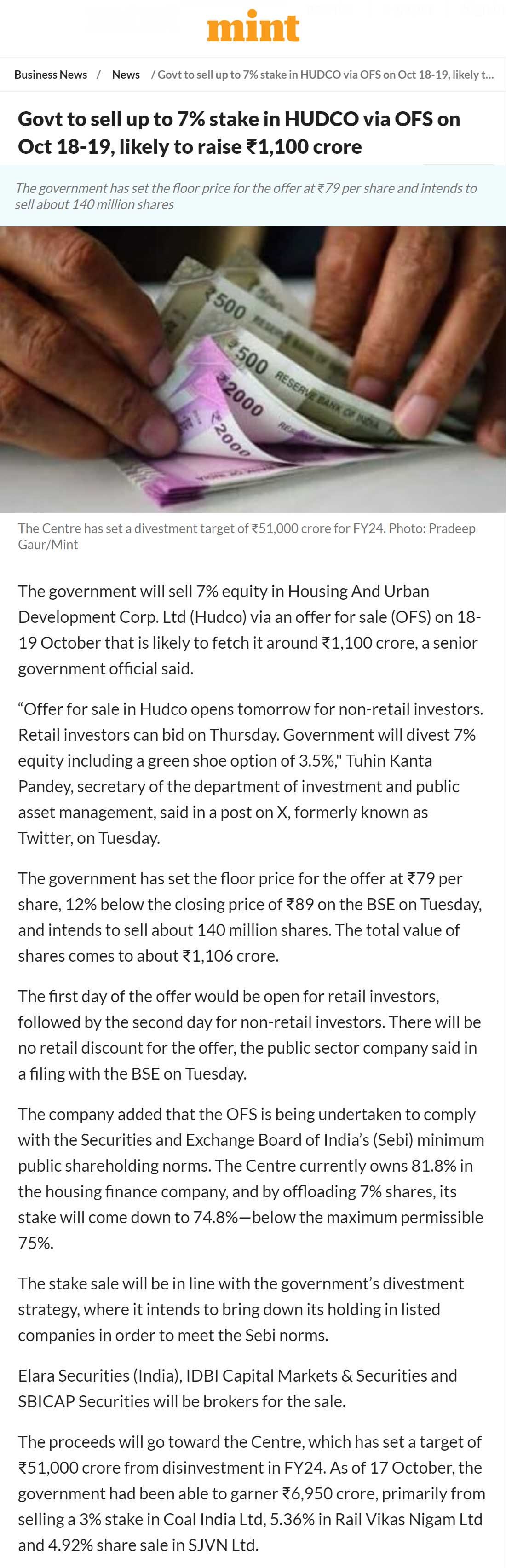 Govt to sell 7% stake in HUDCO via OFS on Oct 18-19, likely to raise ₹ 1,100 cr