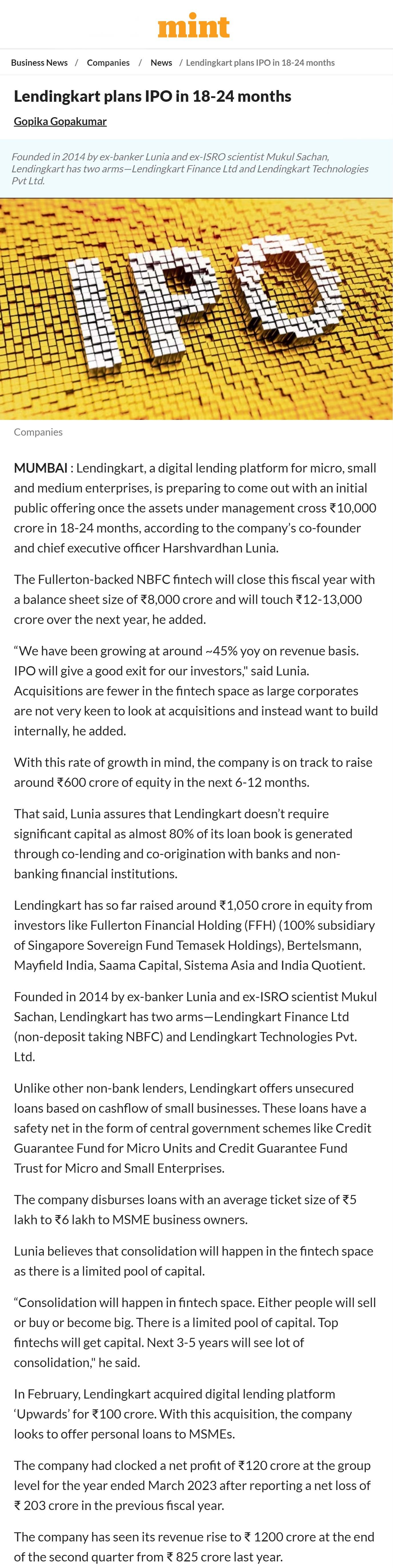 Lendingkart plans IPO in 18-24 months